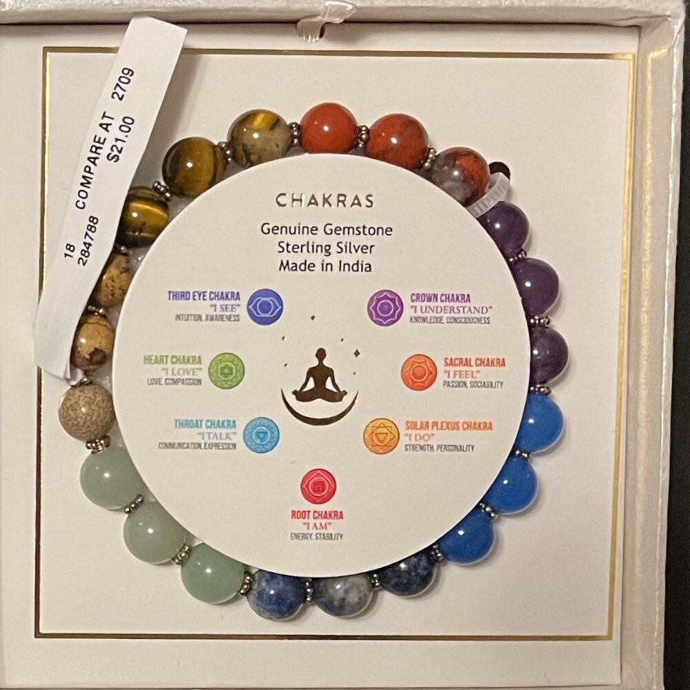 Chakras Genuine Gemstone and Sterling Silver Bracelet - NEW